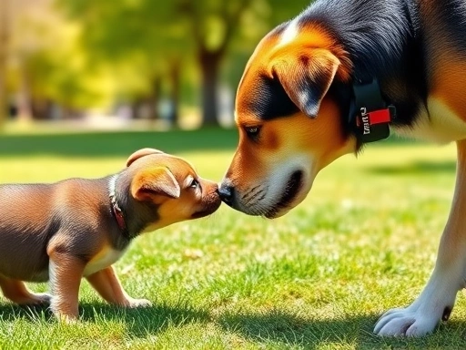 A cute puppy cautiously sniffing noses with a larger dog in a sunny park, showcasing a positive first meeting