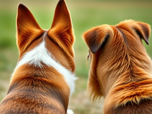 Close-up of a dog's wagging tail and relaxed posture during a friendly encounter with another dog, emphasizing good social behavior