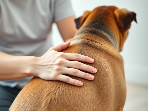 A close-up of a caring owner gently massaging their dog's back muscles with focused attention.