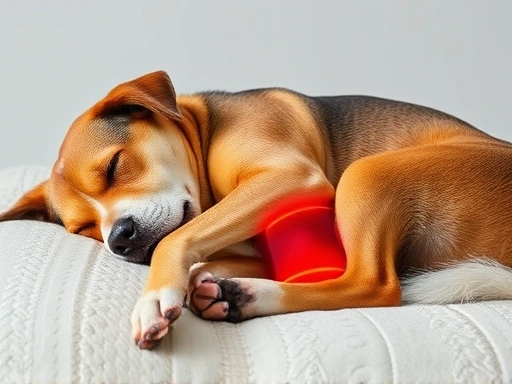 A dog peacefully resting with a warm compress applied to its leg, promoting muscle relaxation and pain relief.