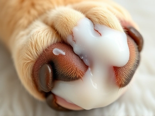 클로즈업된 강아지 발바닥, 갈라진 부분을 강조, 촉촉한 밤(balm)이 발라져 있는 모습