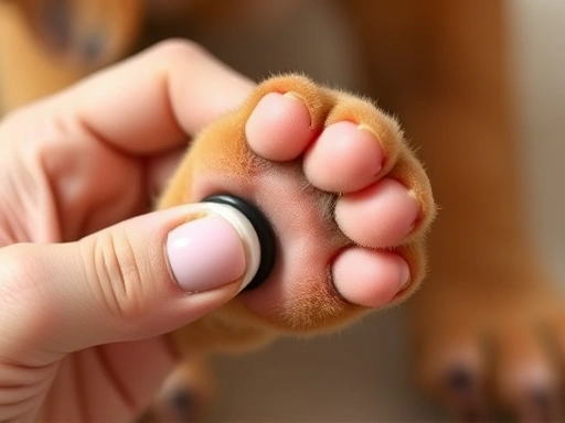강아지 발을 부드럽게 잡고 발바닥 밤을 바르는 손, 섬세한 손길, 발바닥의 주름과 촉촉함을 세밀하게 묘사