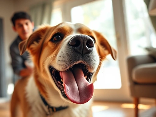 A close-up of a dog panting heavily, with a concerned owner observing nearby in a sunlit room.