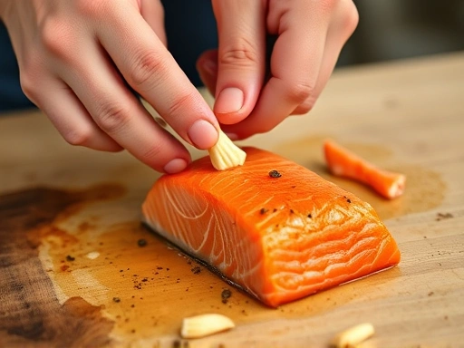 Close-up of hands carefully removing bones from a piece of cooked salmon, preparing a safe meal for a dog.