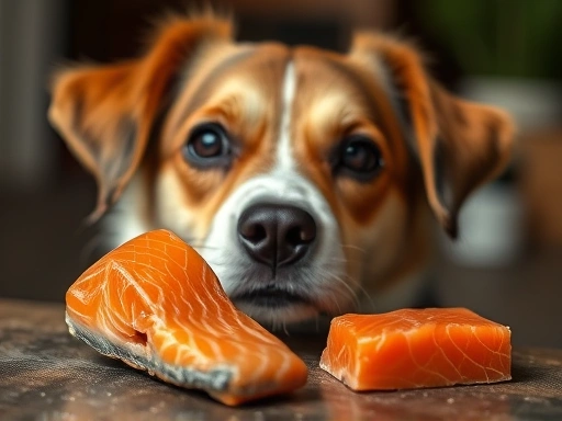 A dog eagerly waiting for a piece of salmon, with focus on the prepared, bone-free salmon portion.