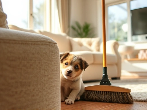 A scared puppy hiding behind a sofa, avoiding a broom in a sunlit living room.