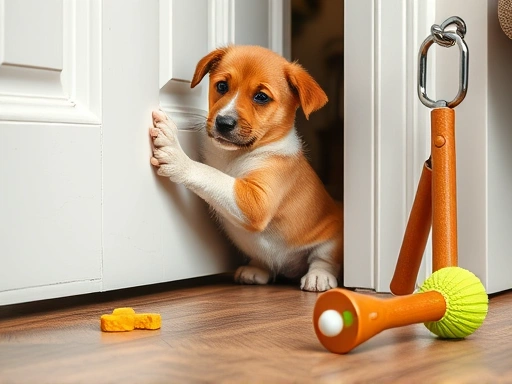 강아지 앞발이 문을 긁는 디테일, 훈련 도구(간식, 장난감)와 함께 훈련 환경 묘사