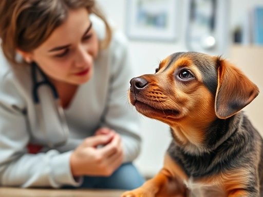 A concerned dog owner looking at their puppy who has swallowed a small object, with a vet consultation in the background.