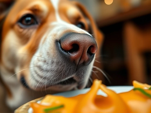 Close-up of a dog's nose twitching, hinting at the delicious smells wafting from the table.