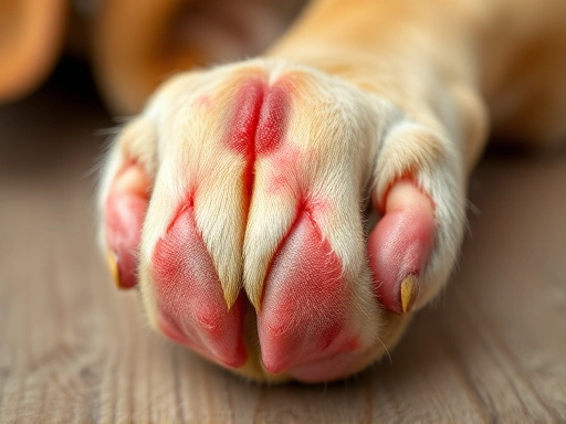 Close-up of a dog's paw with inflamed toes, showcasing the redness and swelling, highlighting the importance of proper hygiene.