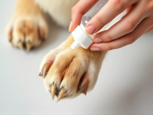 A gentle hand applying antiseptic solution to a dog's paw, focusing on the inflamed area between the toes, emphasizing careful treatment.