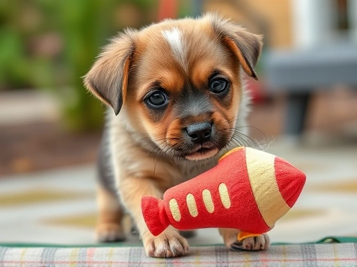 A cute puppy refusing to share its favorite toy, with a frustrated expression, outdoors.