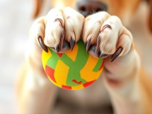 Close-up of a dog's paws clutching a colorful squeaky toy, with a blurred background.