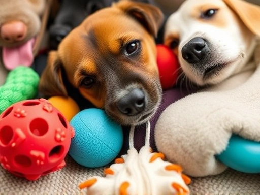Close-up of various dog toys, highlighting their safe materials and engaging designs, ideal for preventing shoe chewing.