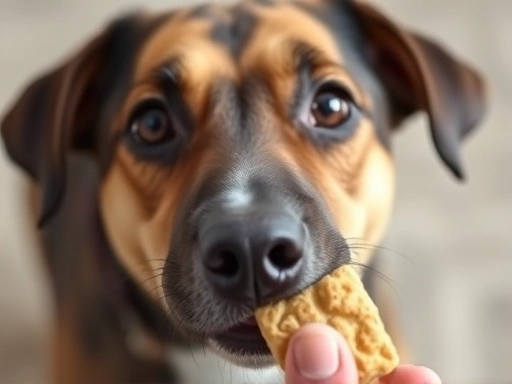 Close-up of a determined dog with focused eyes, receiving a tasty treat as a reward for good behavior.