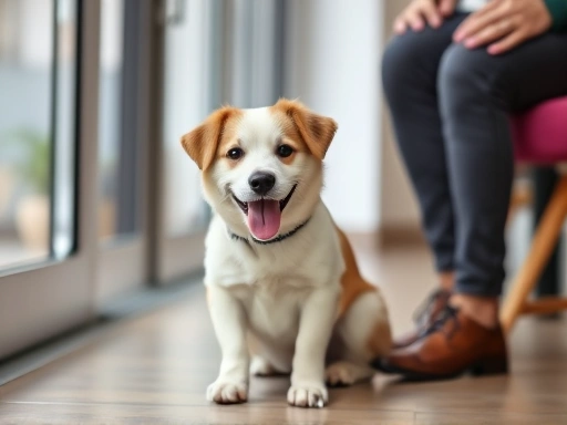 A cute dog calmly sitting and waiting for a visitor with a smile, showing good behavior and training.