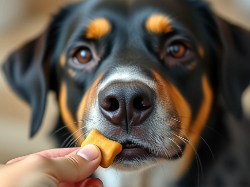 Close-up of a dog's face with a focused expression, receiving a treat during visitor training, highlighting the reward system.