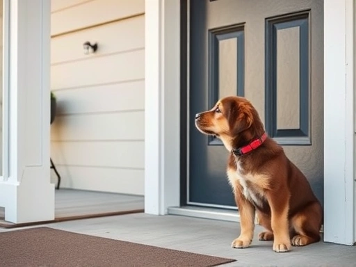 A cute puppy patiently waits at the front door during training, looking at the owner with anticipation.
