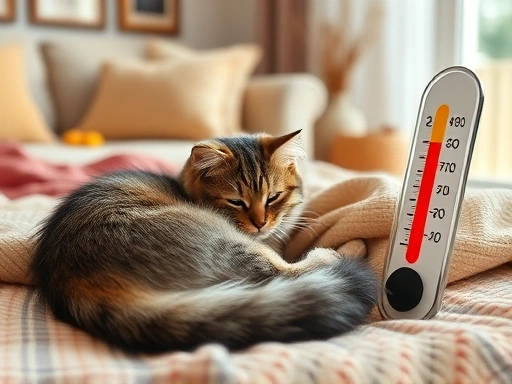 A cozy living room setting with a fluffy cat curled up on a warm blanket near a thermometer showing the ideal temperature for pets in the fall, with soft, natural lighting.