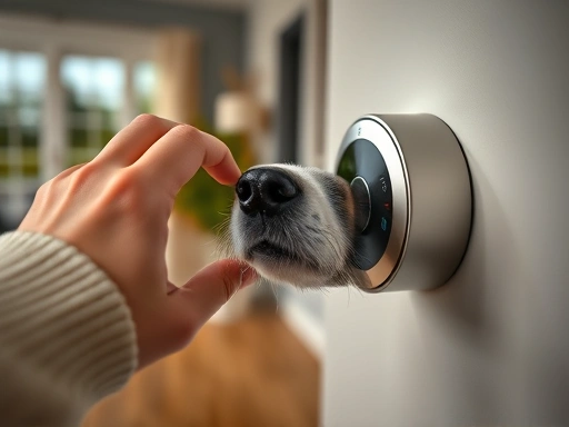 Close-up shot of a pet owner gently adjusting the thermostat in a modern home, ensuring the temperature is perfect for their dog during the autumn season, with a focus on care and comfort.