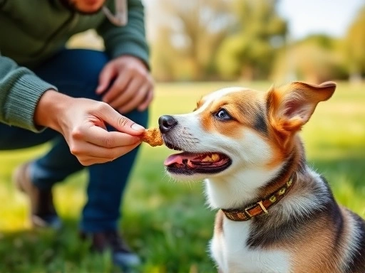 야외에서 성공적으로 배변을 마친 강아지에게 보호자가 간식을 주는 모습