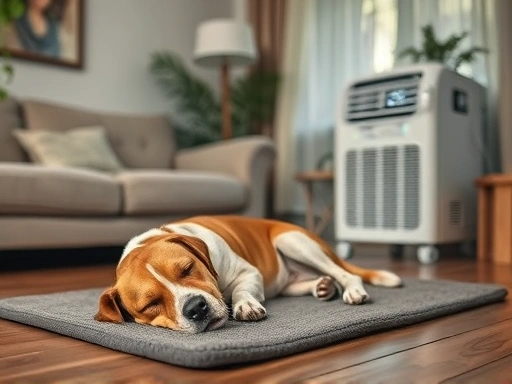 A cozy living room scene with a dog sleeping soundly on a cooling mat, an air conditioner set to 25 degrees Celsius in the background.