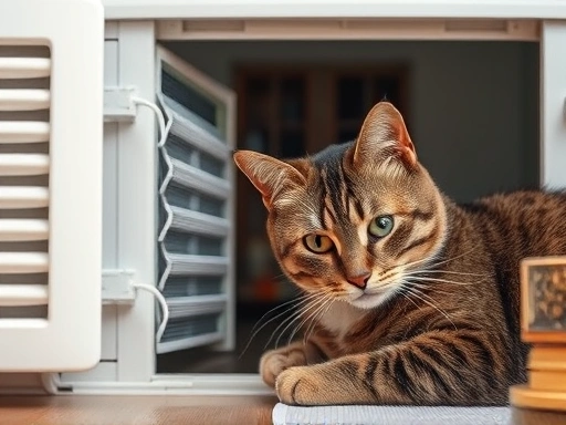 Close-up of a cat comfortably resting near an air conditioner vent, showing the air conditioner filter being cleaned, with the focus on a clean environment.