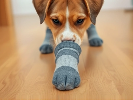 A cute puppy wearing anti-slip socks, preventing slips on a smooth wooden floor, focus on paw details.
