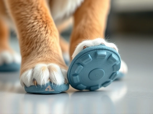 Close-up of anti-slip silicone pads on puppy's socks, preventing slips, high detail, bright light.