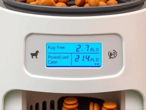 A close-up of a pet automatic feeder with a digital display showing the settings for food dispensing.