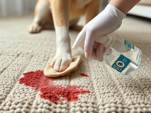 Close-up of a pet owner cleaning a carpet stain with natural cleaner, using a soft cloth and spray bottle.