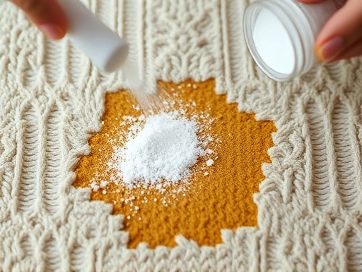 Detailed shot of baking soda being sprinkled on a pet urine stain on a plush carpet, neutralizing odors.