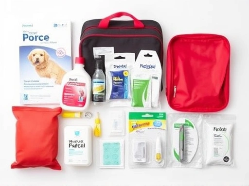 A well-organized pet emergency kit with essential supplies on a clean, white surface, ready for any unexpected situation.