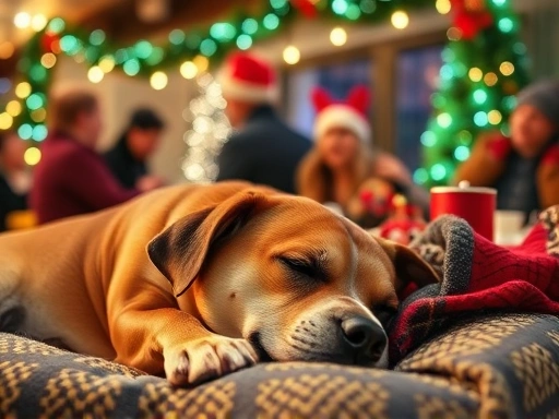A cozy dog is resting in its safe space during a busy holiday party, emphasizing stress relief.