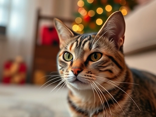 Close-up of a calm cat in a quiet room, highlighting a peaceful environment for pets during the holidays.