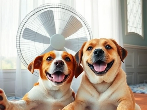 시원한 여름, 반려동물과 함께 선풍기 앞에서 휴식을 취하는 모습