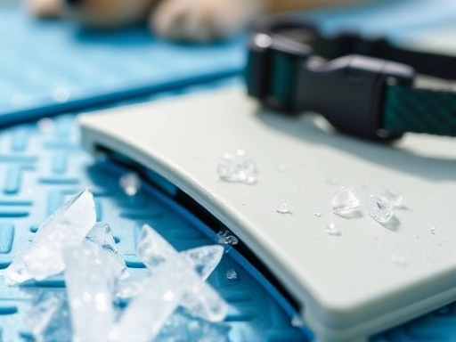 반려동물 쿨매트, 아이스 넥카라 등 여름철 용품 클로즈업, 시원한 질감 강조