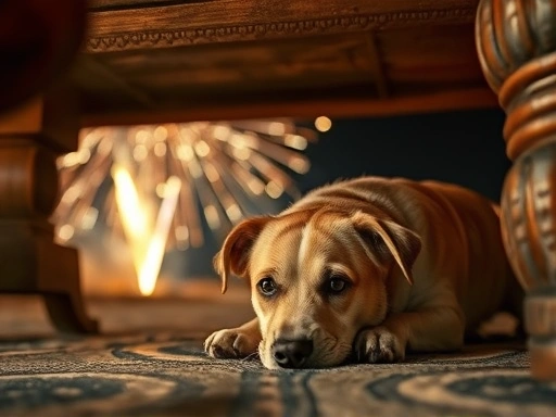A scared dog hides under the table during a fireworks display, emphasizing fear and seeking shelter.