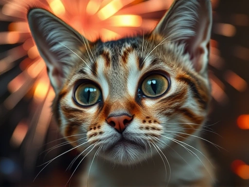 Close-up of a cat's wide, anxious eyes during fireworks, highlighting the pet's distress and sensitivity to noise.