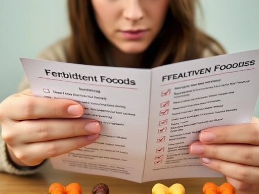 A close-up shot of a concerned pet owner carefully examining a list of forbidden foods for their dog, with healthy treats in the background.