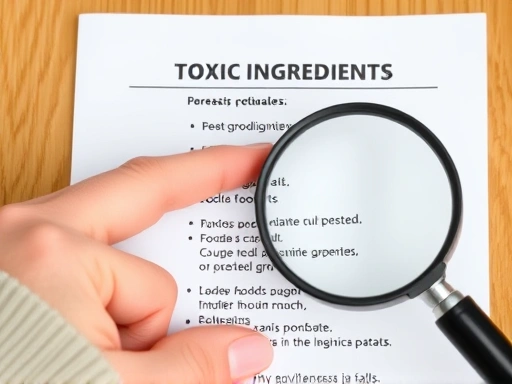 Detailed view of a pet owner's hand pointing to a specific food item on a list of toxic ingredients for pets, with a magnifying glass for emphasis.