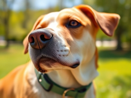 A close-up of a dog wearing a GPS tracker on its collar, in a sunny park setting.