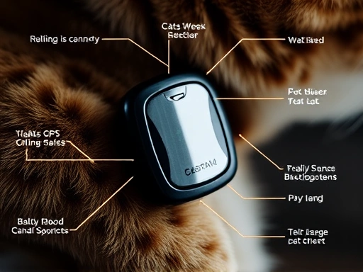 A detailed shot of a GPS tracker attached to a cat's collar, showing the device's features.