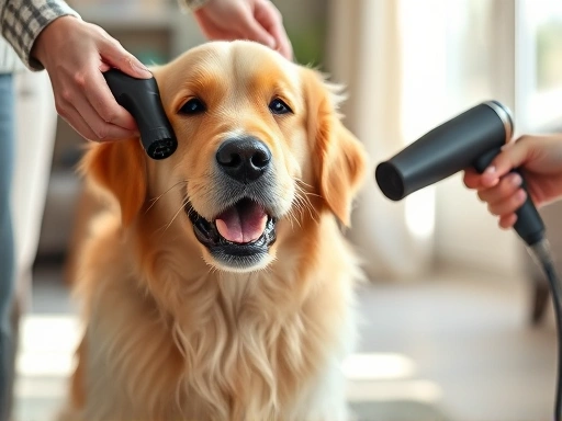 A fluffy golden retriever getting its fur dried with a handheld pet dryer by its owner in a bright, cozy room.