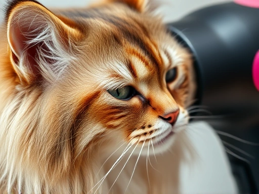 Close-up of a soft brush attachment on a pet dryer gently grooming a cat's fur, removing tangles and smoothing the coat.