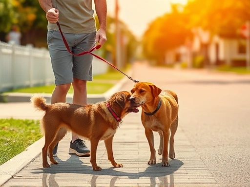 A concerned pet owner checking the hot pavement before walking their dog during a summer heatwave.
