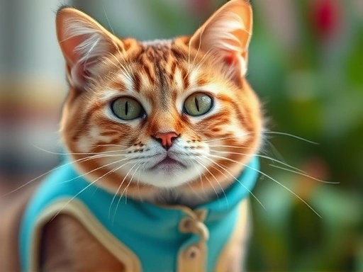 Close-up of a cat wearing a cooling vest to prevent overheating during a heatwave.