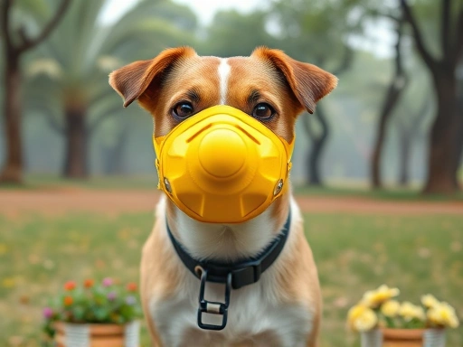 A cute dog wearing a yellow dust mask in a park on a hazy day, showcasing pet health and protection.