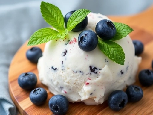 Close-up of a refreshing homemade dog ice cream with fresh blueberries and mint leaves on a wooden board.