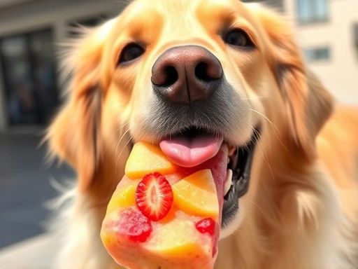 A happy golden retriever enjoying a lick of a colorful, healthy frozen treat made with fruits and vegetables on a sunny day.